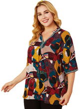 Plus Size Women Abstract Print V-Neck Half Sleeve Vintage Blouses